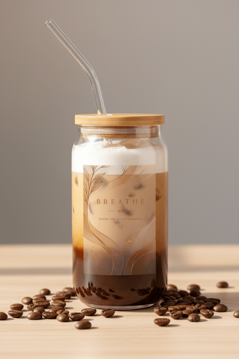 Breathe glass jar tumbler with bamboo lid and glass straw, 16oz, in natural sunlight with dried floral decoration