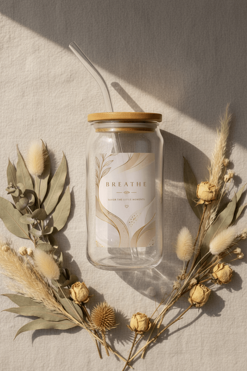 Breathe glass jar tumbler with bamboo lid and glass straw, 16oz, in natural sunlight with dried floral decoration